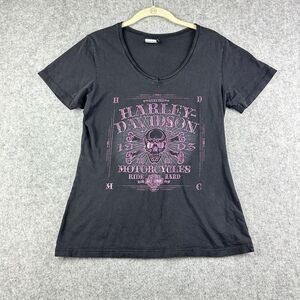 Harley Davidson Shirt Womens M Faded Black Metallic Skull Biker Distressed READ*